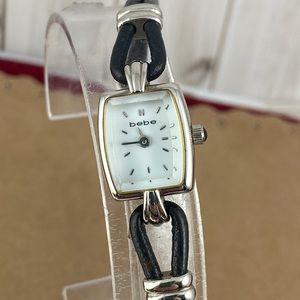 Vintage Bebe Silver Retro Silver Tone Black Leather Cord Watch